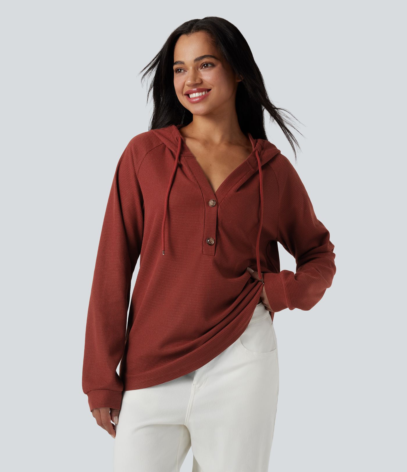 Hooded Henley Long Sleeve Waffle Casual Top