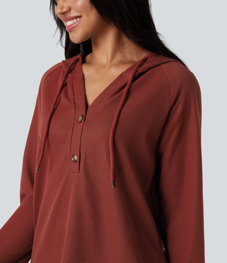 Hooded Henley Long Sleeve Waffle Casual Top