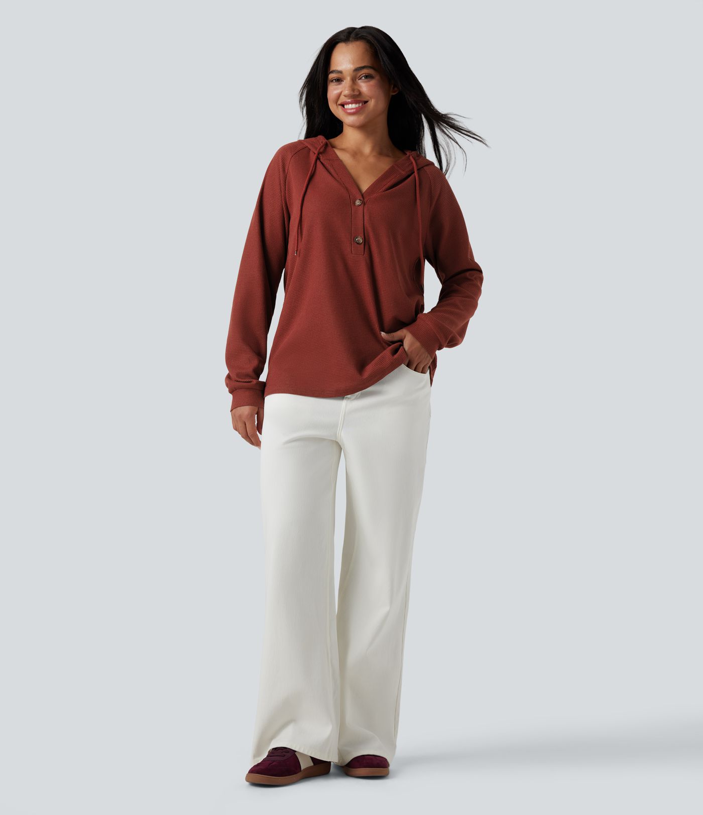 Hooded Henley Long Sleeve Waffle Casual Top