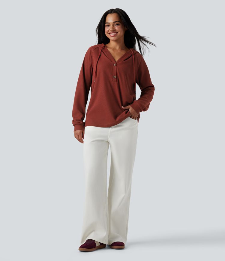 Hooded Henley Long Sleeve Waffle Casual Top