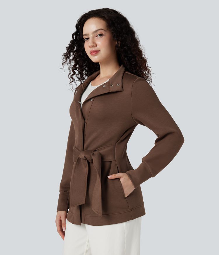 Manteau col montant manches longues à nœud avec poches