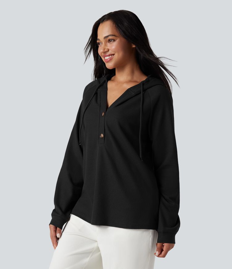 Hooded Henley Long Sleeve Waffle Casual Top