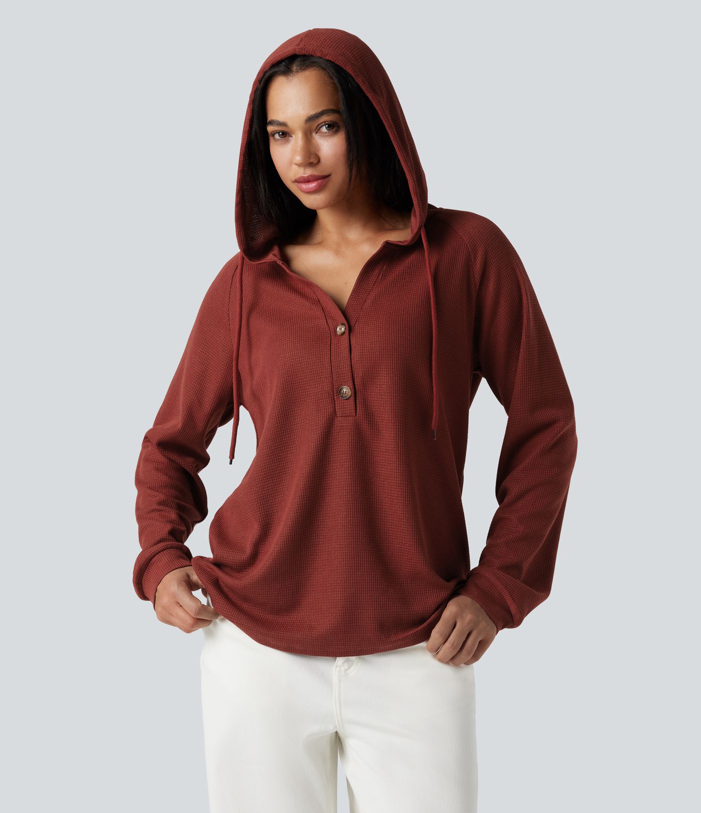 Hooded Henley Long Sleeve Waffle Casual Top