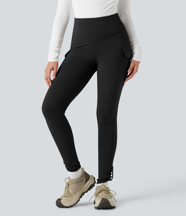 Schwarz Fleece-Wanderleggings mit hohem Bund, bauchformender Stütze und Taschen / 1