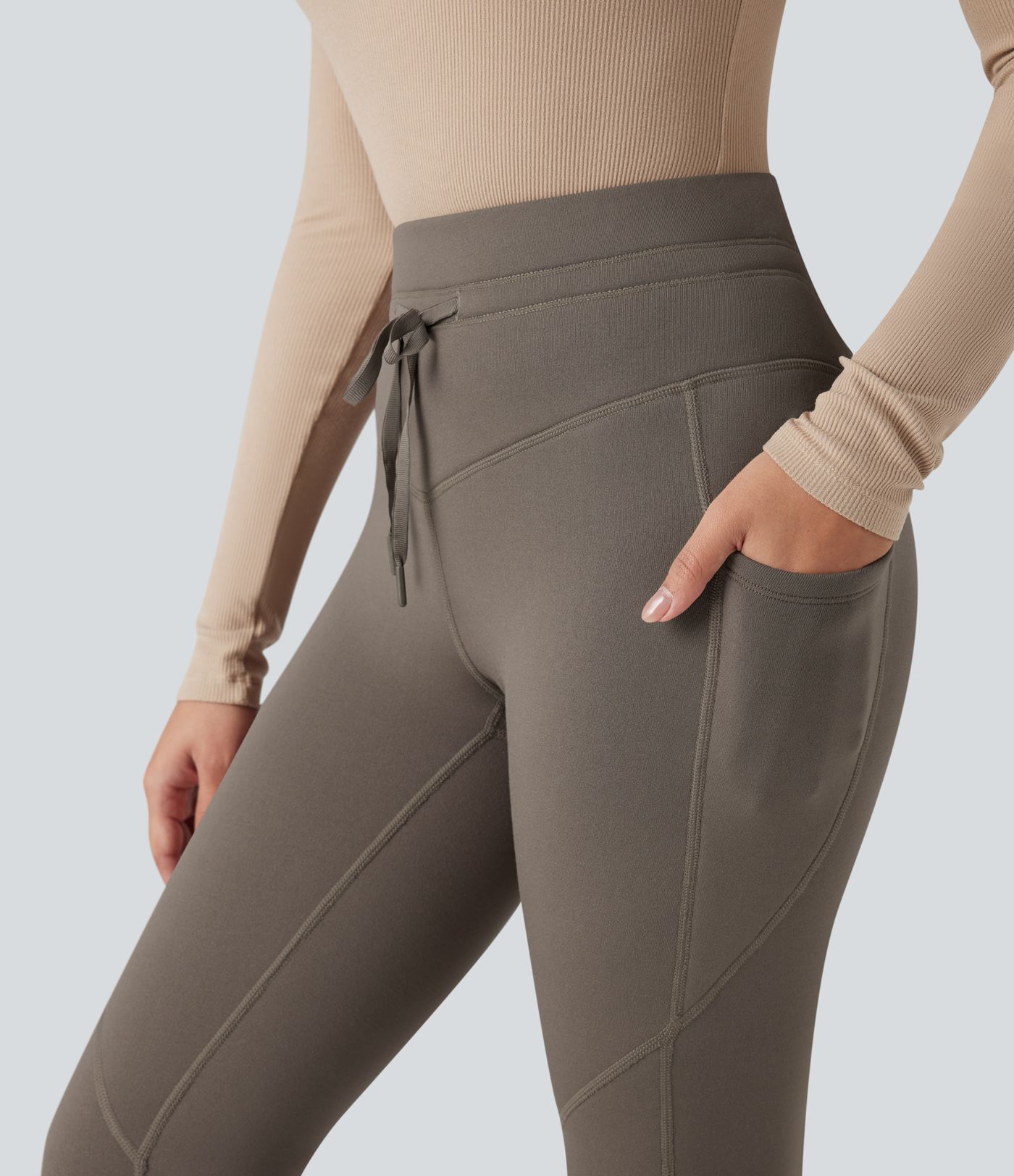 High Waisted Drawstring Fleece 7/8 Hiking Leggings with Pockets