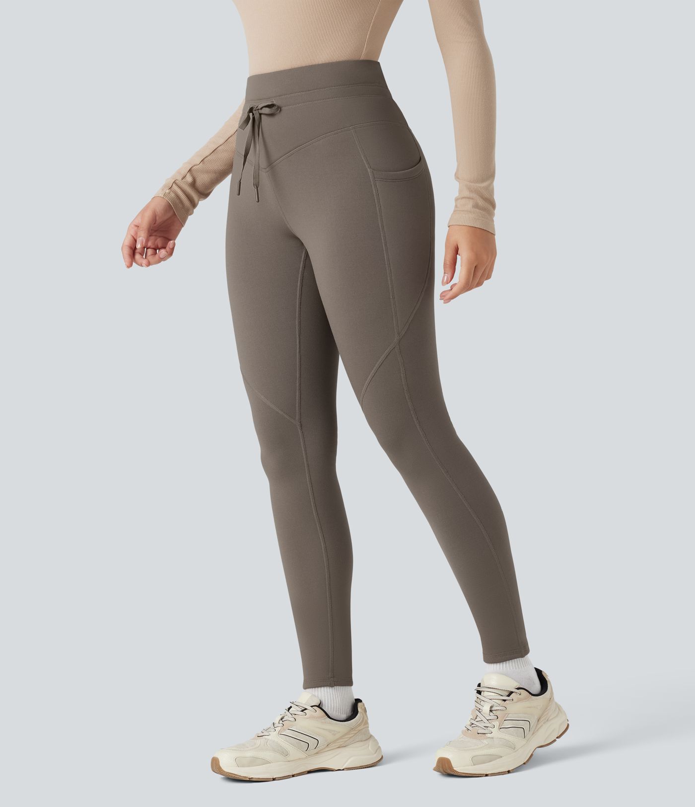 High Waisted Drawstring Fleece 7/8 Hiking Leggings with Pockets