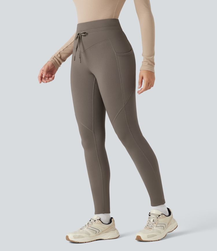 High Waisted Drawstring Fleece 7/8 Hiking Leggings with Pockets