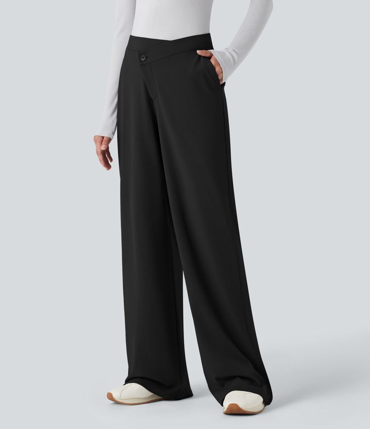 Pantalones casuales asimétricos de tiro medio y pernera ancha con bolsillos