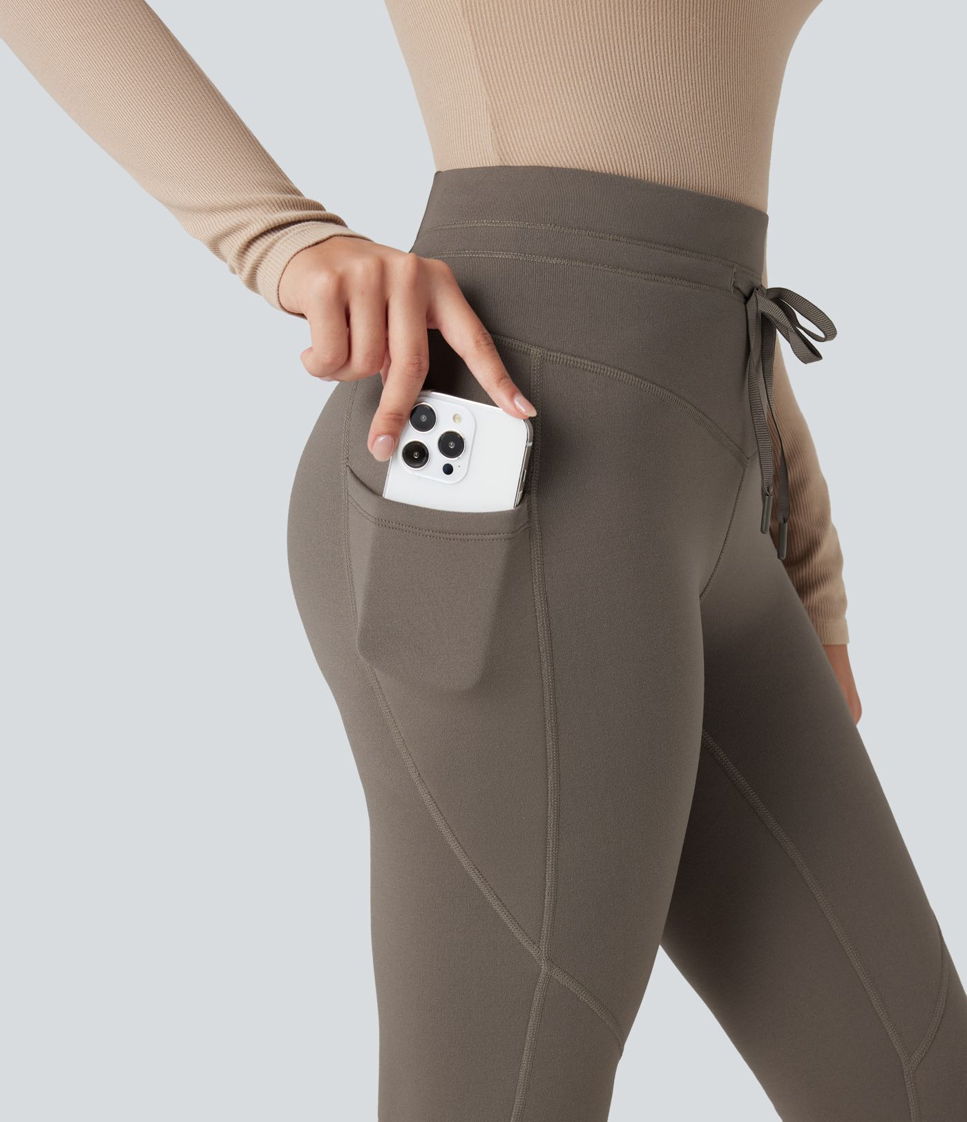 High Waisted Drawstring Fleece 7/8 Hiking Leggings with Pockets