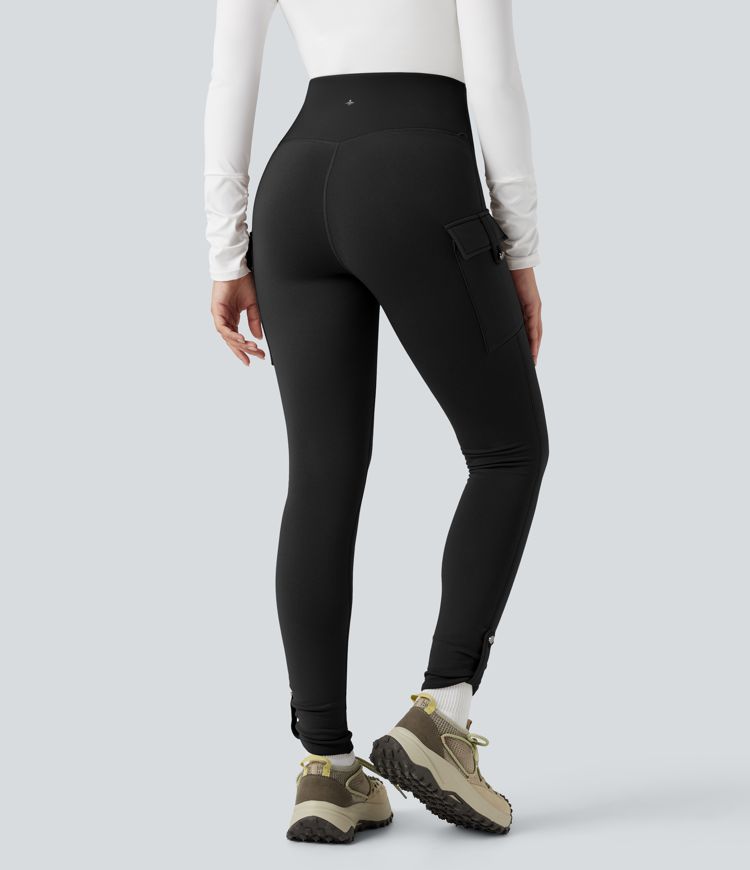 Schwarz Fleece-Wanderleggings mit hohem Bund, bauchformender Stütze und Taschen / 2