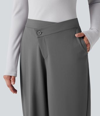 DayStretch Asymmetric Mid Rise Wide Leg Casual Pants with Pockets