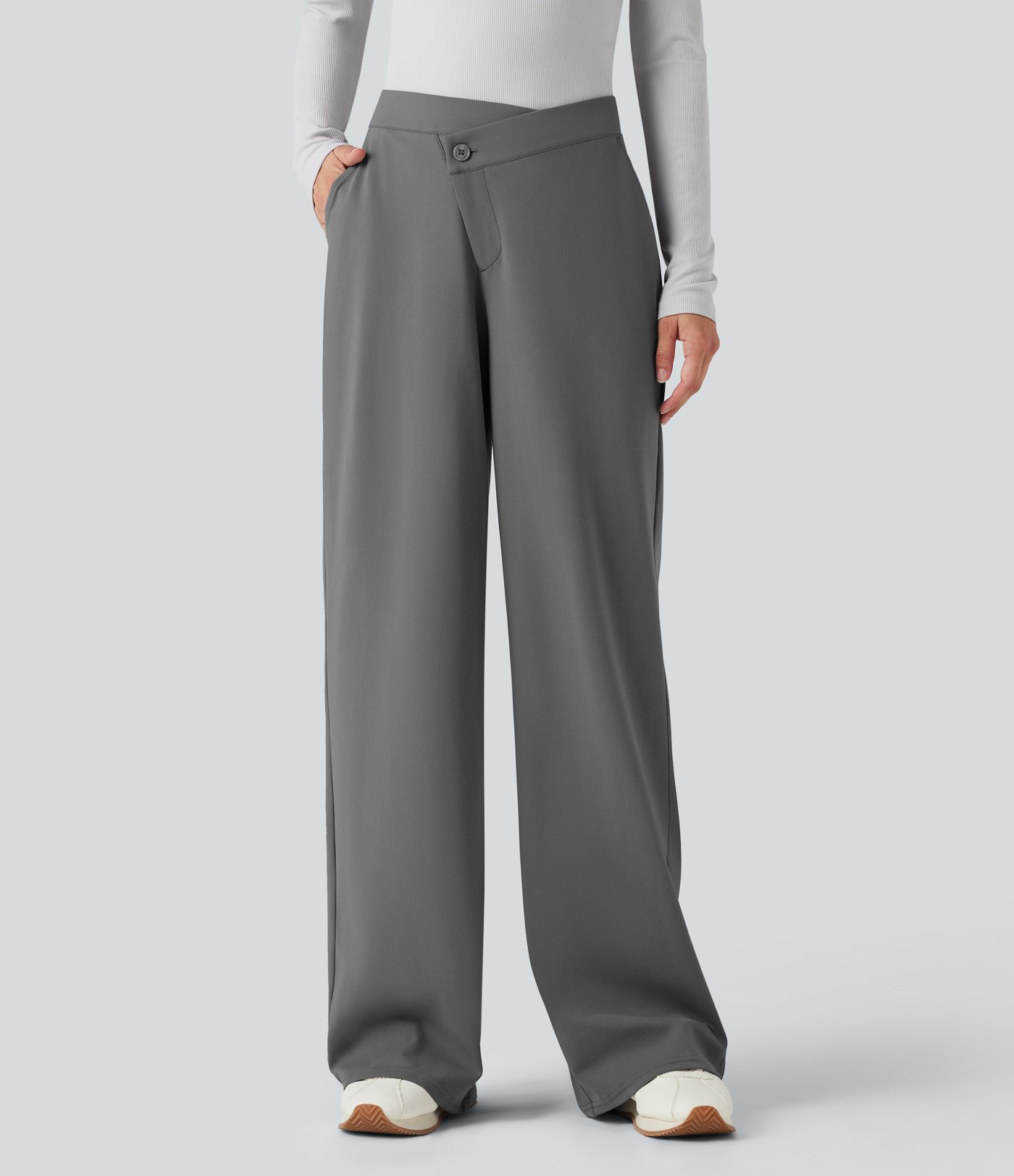 DayStretch Asymmetric Mid Rise Wide Leg Casual Pants with Pockets