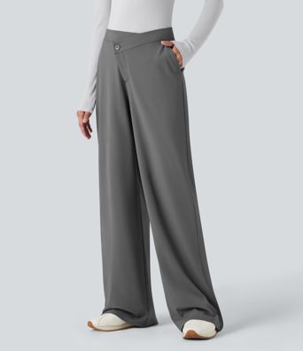 DayStretch Asymmetric Mid Rise Wide Leg Casual Pants with Pockets