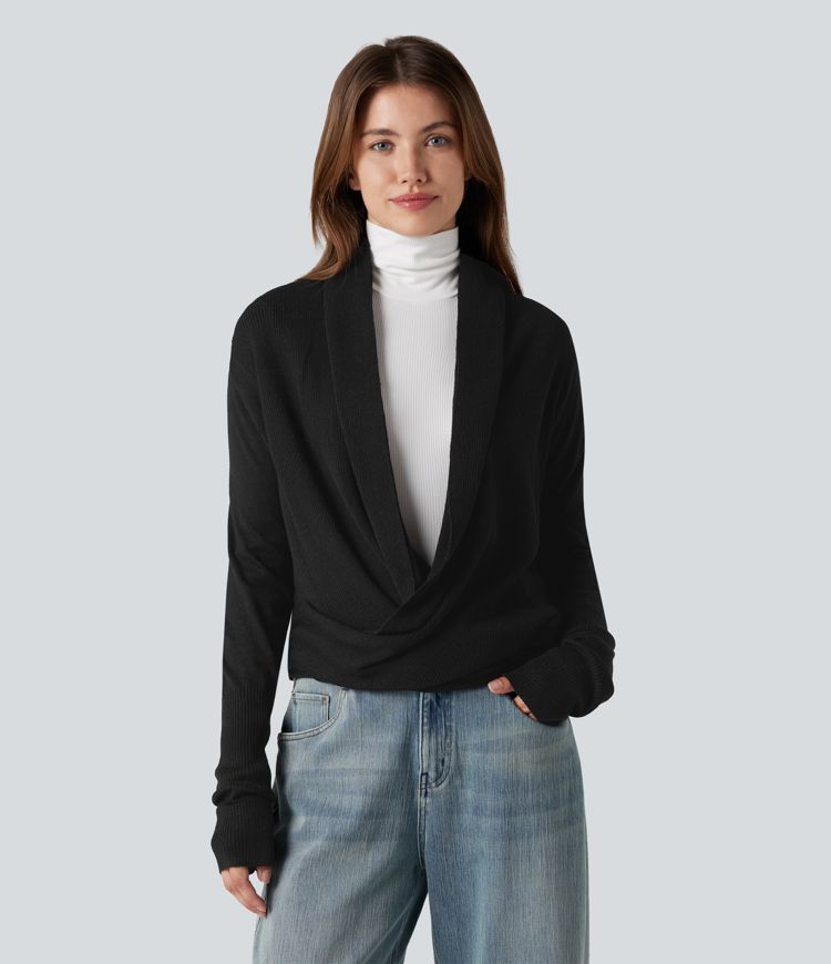 Black Lässiger Wickel-Cardigan mit Langarm​ / 1