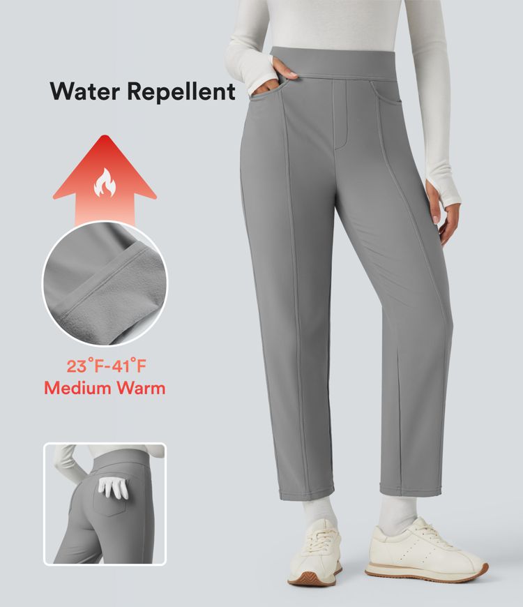 Durable Water Repellent High Waisted Straight Leg Fleece Golf Pants-Golf Tee Pocket