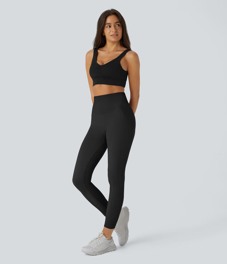 Skin Friendly Soft Seamless Flow Ribbed High Waisted Tummy Control Butt Lifting Training Leggings