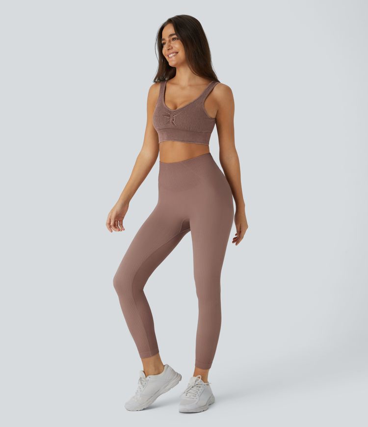 Skin Friendly Soft Seamless Flow Ribbed High Waisted Tummy Control Butt Lifting Training Leggings