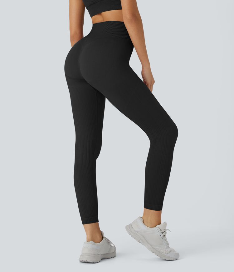 Skin Friendly Soft Seamless Flow Ribbed High Waisted Tummy Control Butt Lifting Training Leggings