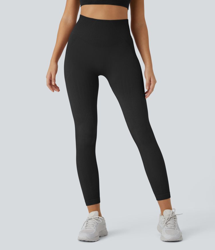 Skin Friendly Soft Seamless Flow Ribbed High Waisted Tummy Control Butt Lifting Training Leggings