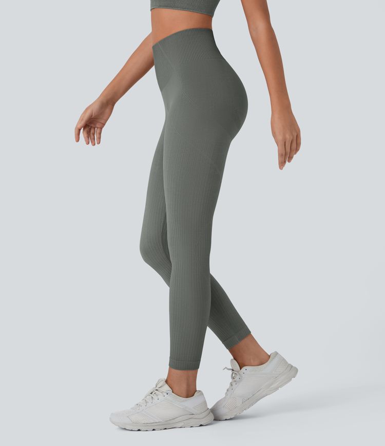 Leggings 7/8 côtelés taille haute, doux et sans couture Seamless, pour le contrôle du ventre et le levage des fesses