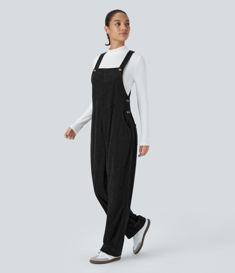 Pockets Straight Leg Corduroy Casual Overalls