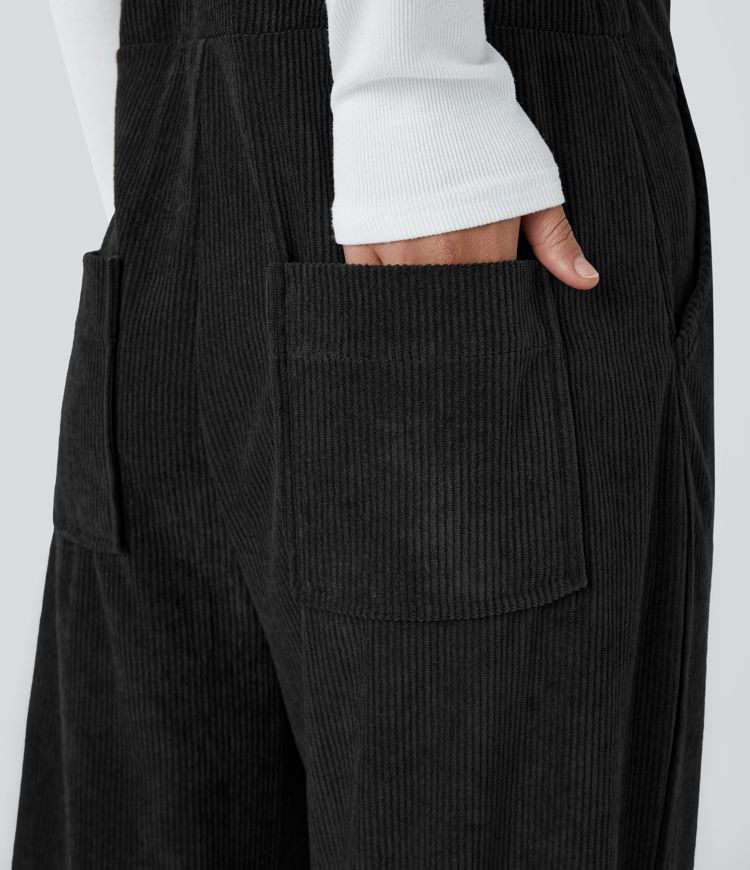 Pockets Straight Leg Corduroy Casual Overalls