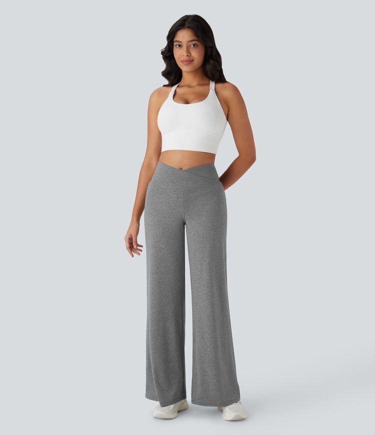 Crossover High Waisted Back Pocket Wide Leg Yoga Pants