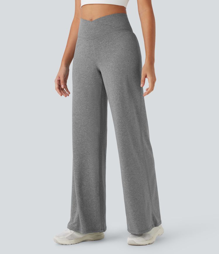 Crossover High Waisted Back Pocket Wide Leg Yoga Pants