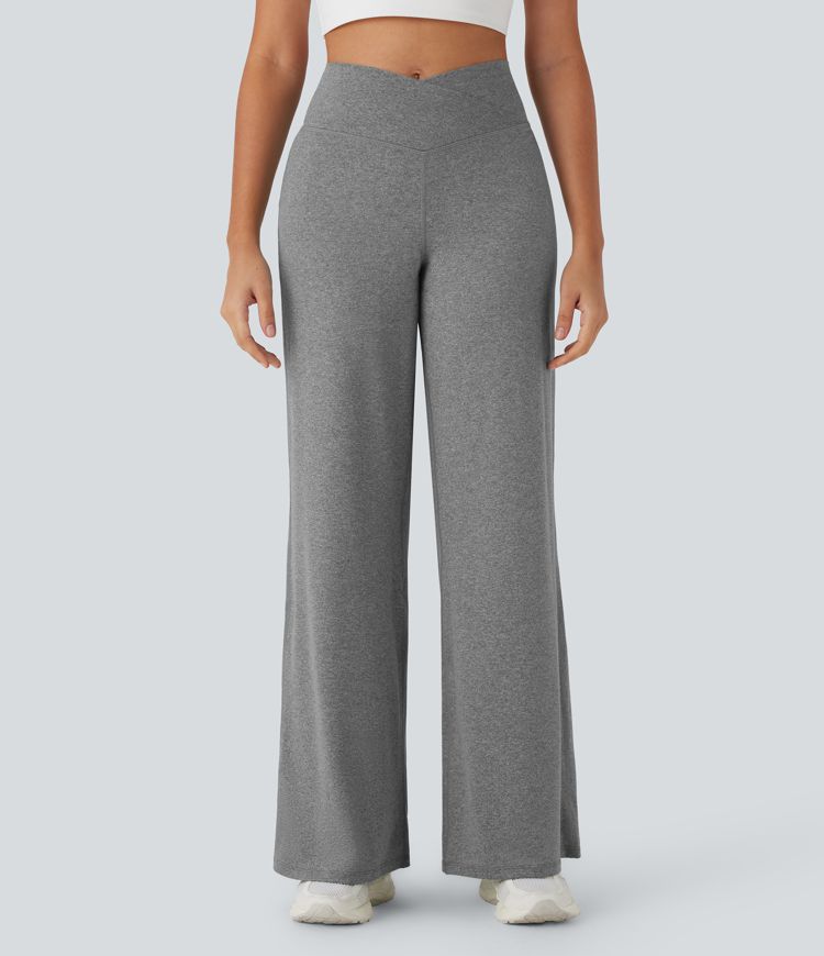 Crossover High Waisted Back Pocket Wide Leg Yoga Pants