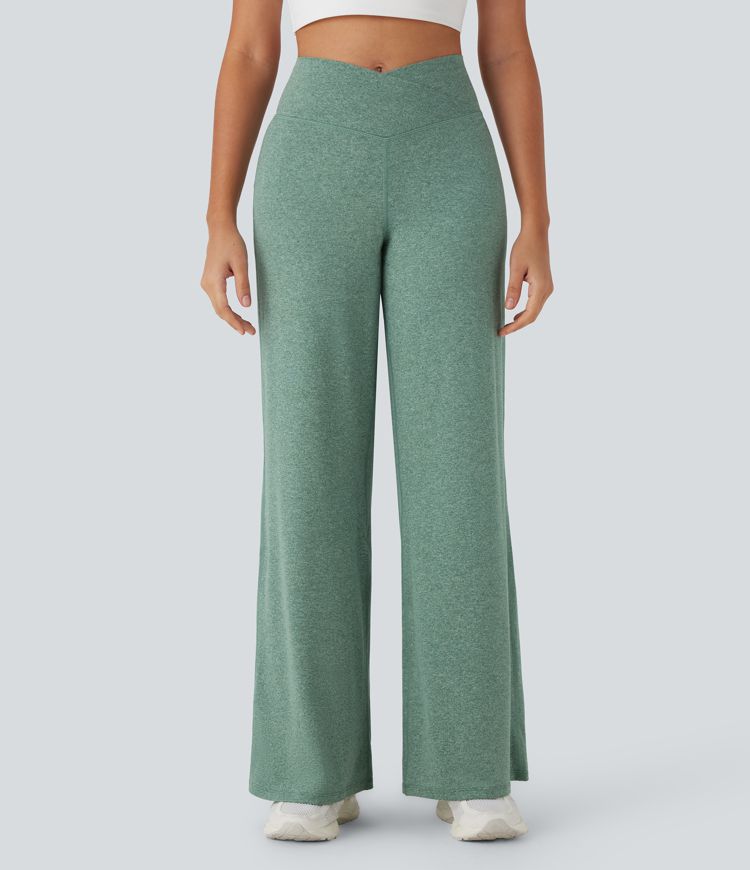 Crossover High Waisted Pocket Wide Leg Yoga Pants