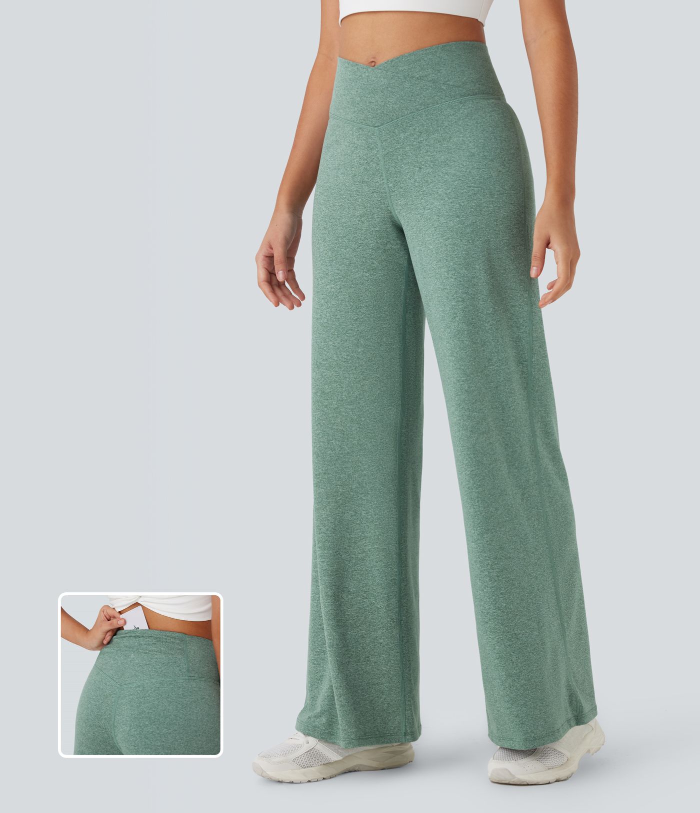 Crossover-Yogahose mit hohem Bund, Bundtasche und weitem Bein