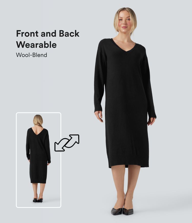 V-neck Long Sleeve Midi Wool-Blend Work Sweater Dress-Front and Back Wearable