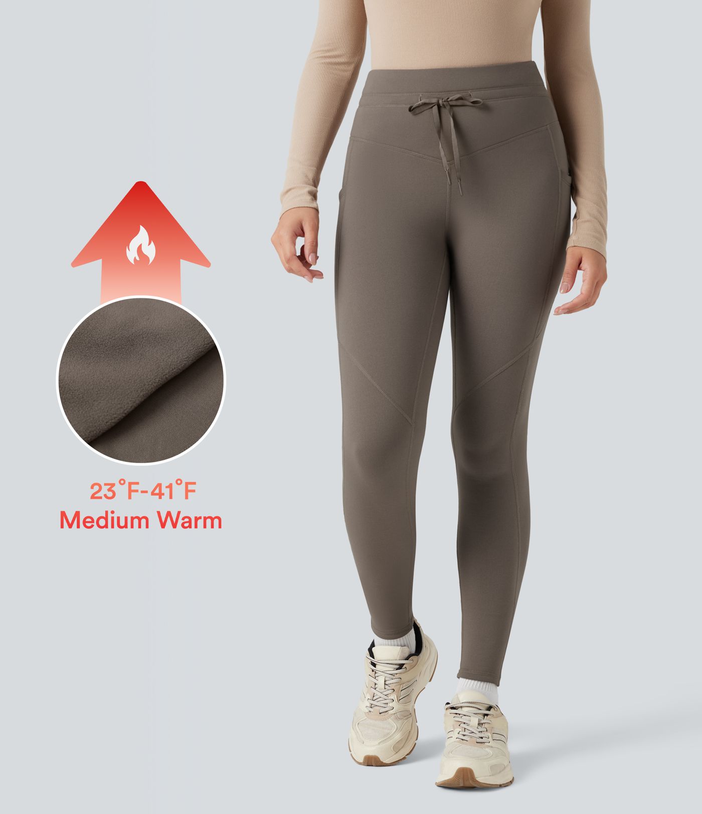 High Waisted Drawstring Fleece 7/8 Hiking Leggings with Pockets