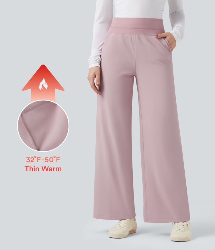 High Waisted Straight Leg Fleece Casual Pants with Pockets