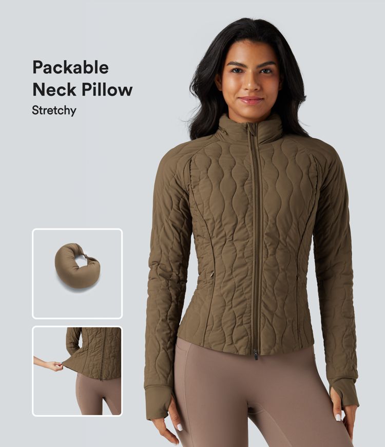 High-neck Thumb Holes Stretchy Workout Padded Jacket with Pockets-Packable Neck Pillow