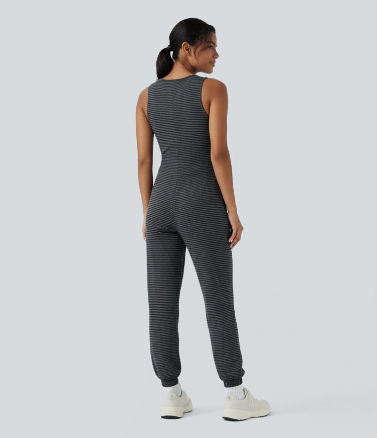 Sleeveless Half Zip Drawstring Stripe Casual Jumpsuit
