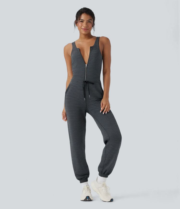 Sleeveless Half Zip Drawstring Stripe Casual Jumpsuit