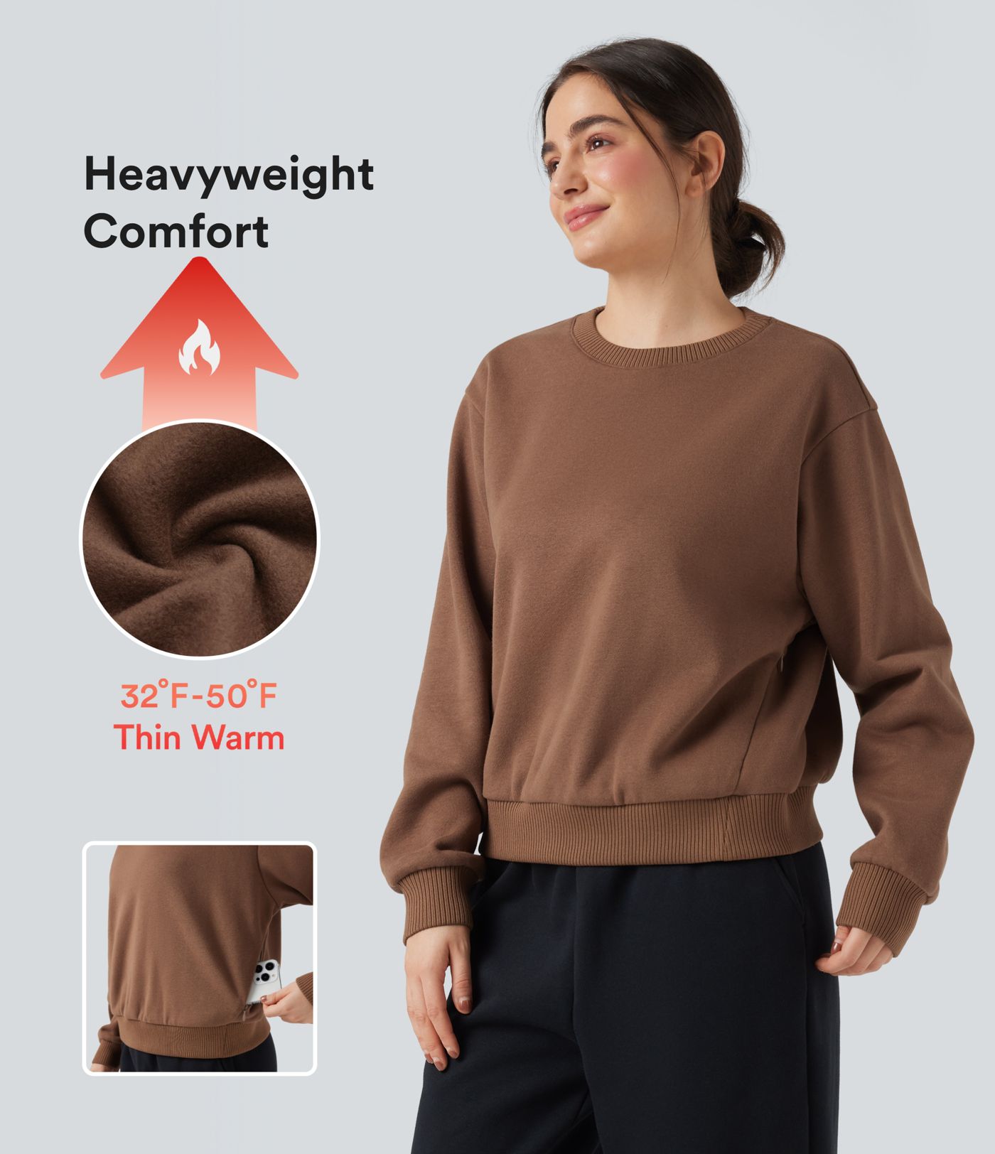 Round Neck Long Sleeve Fleece Casual Cotton Sweatshirt with Pockets