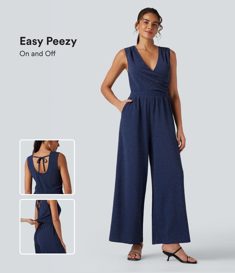 V Neck Sleeveless Tie Back Wide Leg Casual Metallic Jumpsuit with Pockets-Easy Peezy Edition