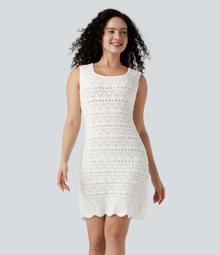 U-Neck Sleeveless Scallop Hem Open Knit Mini Casual Sweater Dress