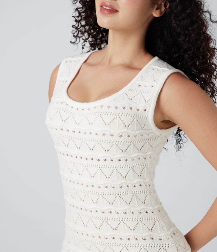 U-Neck Sleeveless Scallop Hem Open Knit Mini Casual Sweater Dress