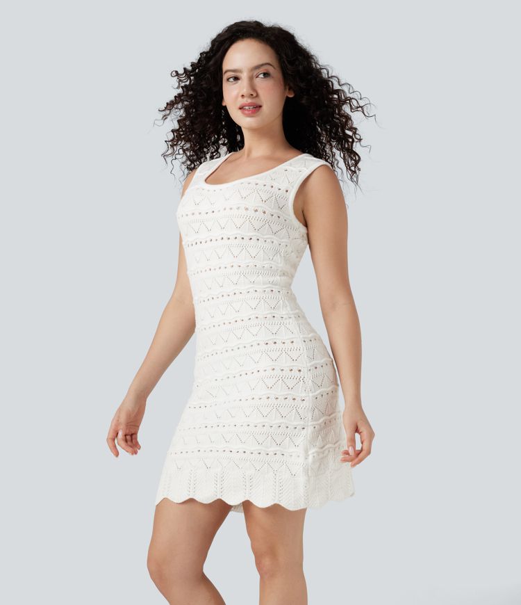 U-Neck Sleeveless Scallop Hem Open Knit Mini Casual Sweater Dress