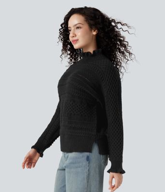 Ikdienas džemperis ar volāniem, augstu apkakli, garām piedurknēm un izgriezumu