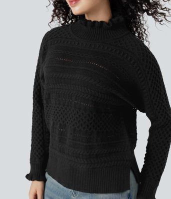 Ikdienas džemperis ar volāniem, augstu apkakli, garām piedurknēm un izgriezumu