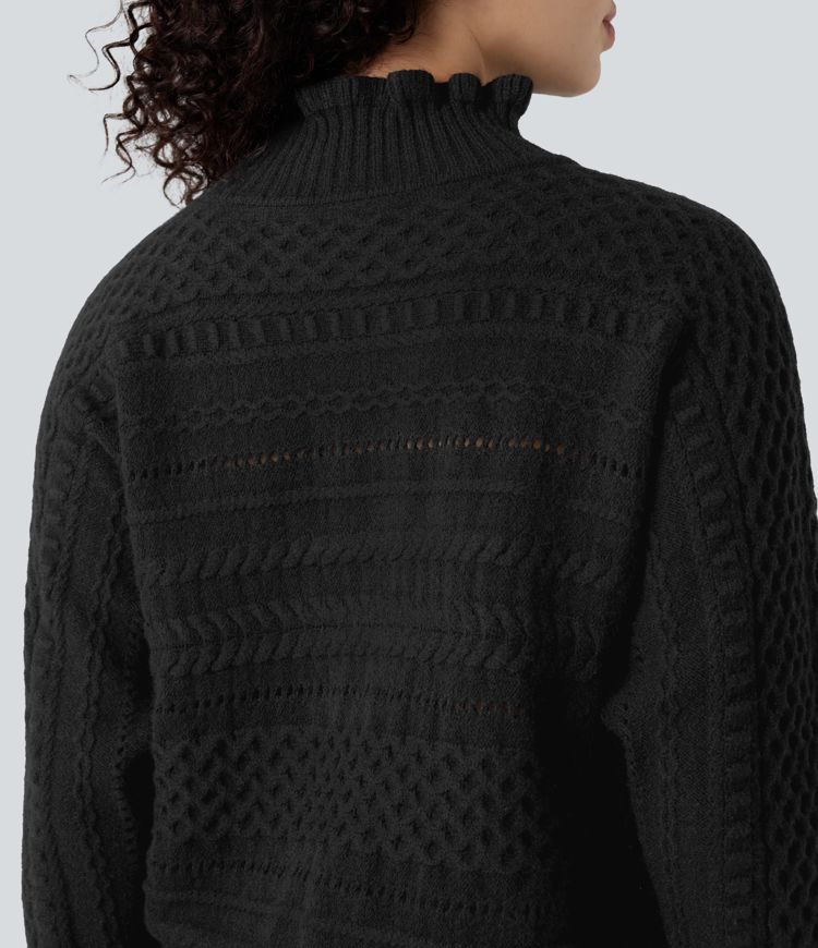 Ikdienas džemperis ar volāniem, augstu apkakli, garām piedurknēm un izgriezumu