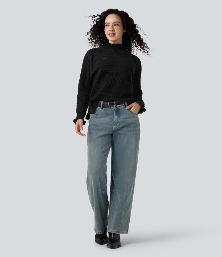 Ikdienas džemperis ar volāniem, augstu apkakli, garām piedurknēm un izgriezumu