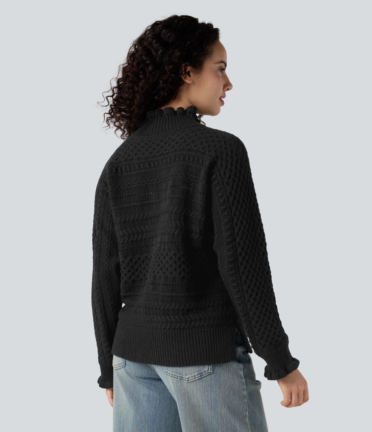 Ikdienas džemperis ar volāniem, augstu apkakli, garām piedurknēm un izgriezumu