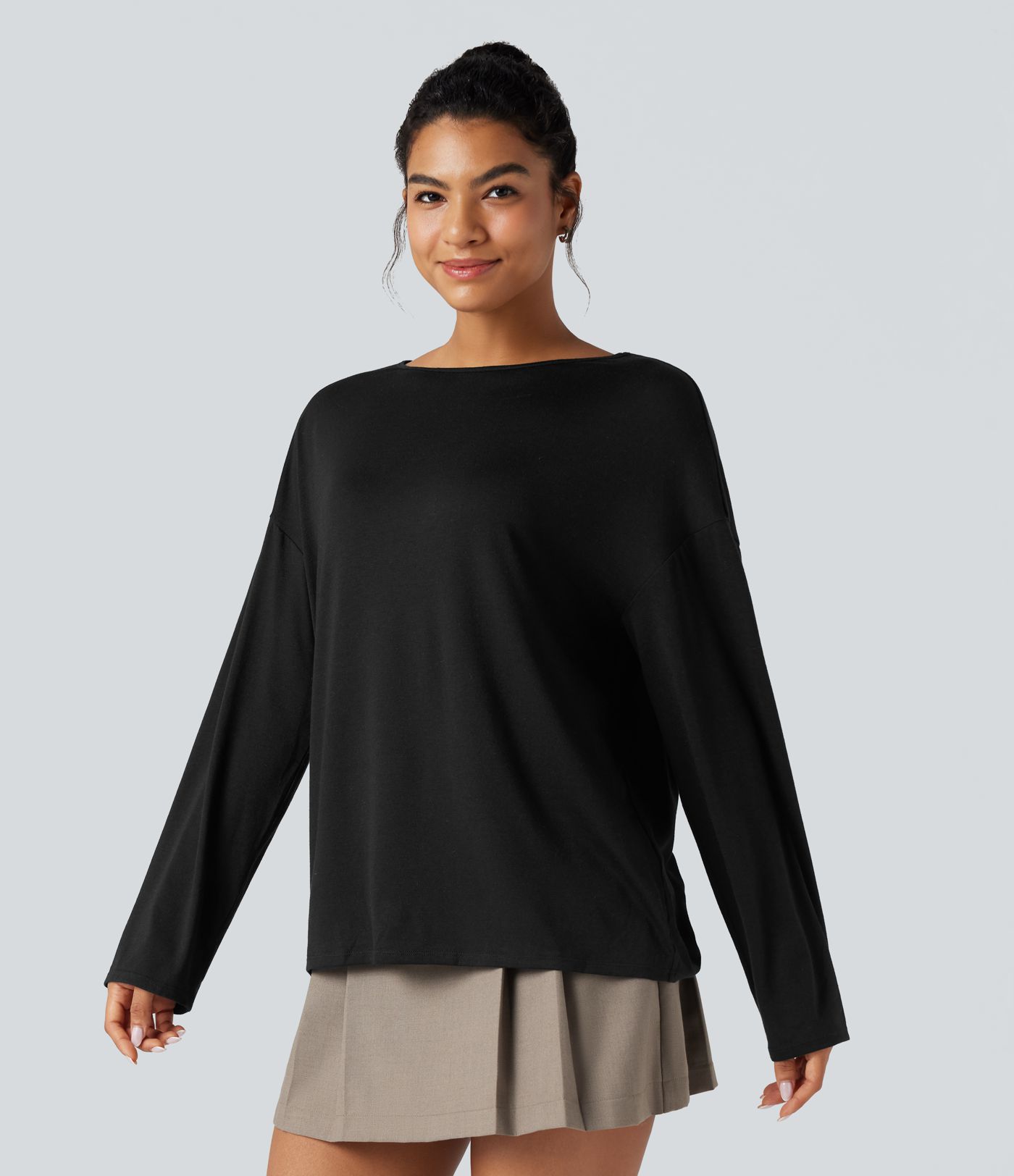 Lässiges Oversized-T-Shirt mit U-Boot-Ausschnitt und langen Ärmeln