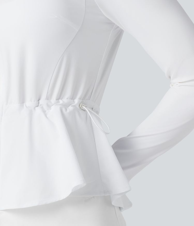 Durable Water Repellent High Neck Long Sleeve Thumb Hole Ruffle Hem Hiking Jacket with Pockets