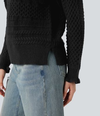 Ikdienas džemperis ar volāniem, augstu apkakli, garām piedurknēm un izgriezumu